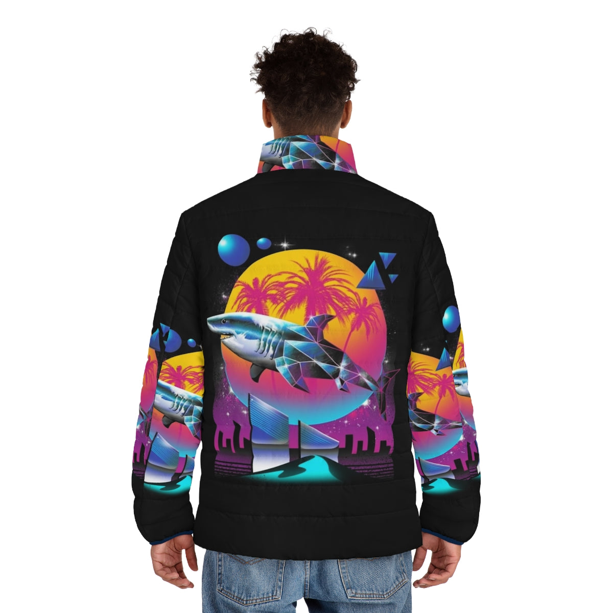 Rad Shark Puffer Jacket with bold animal print and neon accents - men back