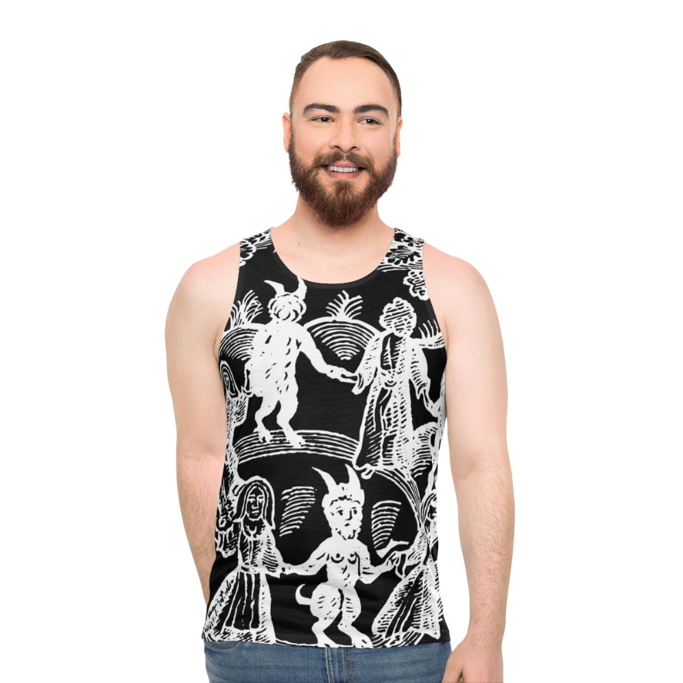 Unisex white 'Dance With The Devil' tank top featuring a vintage-style design with skull, goat, and magical elements - men