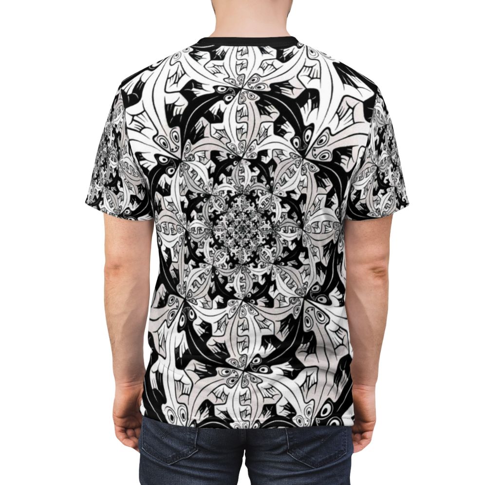 T-shirt featuring a surreal, geometric design inspired by the artwork of M.C. Escher - men back