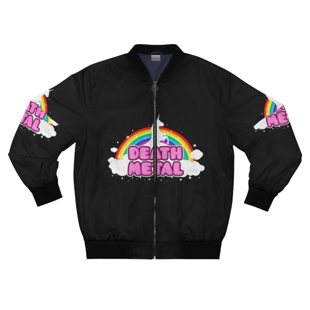 A colorful bomber jacket featuring a metal unicorn parody design for music fans.