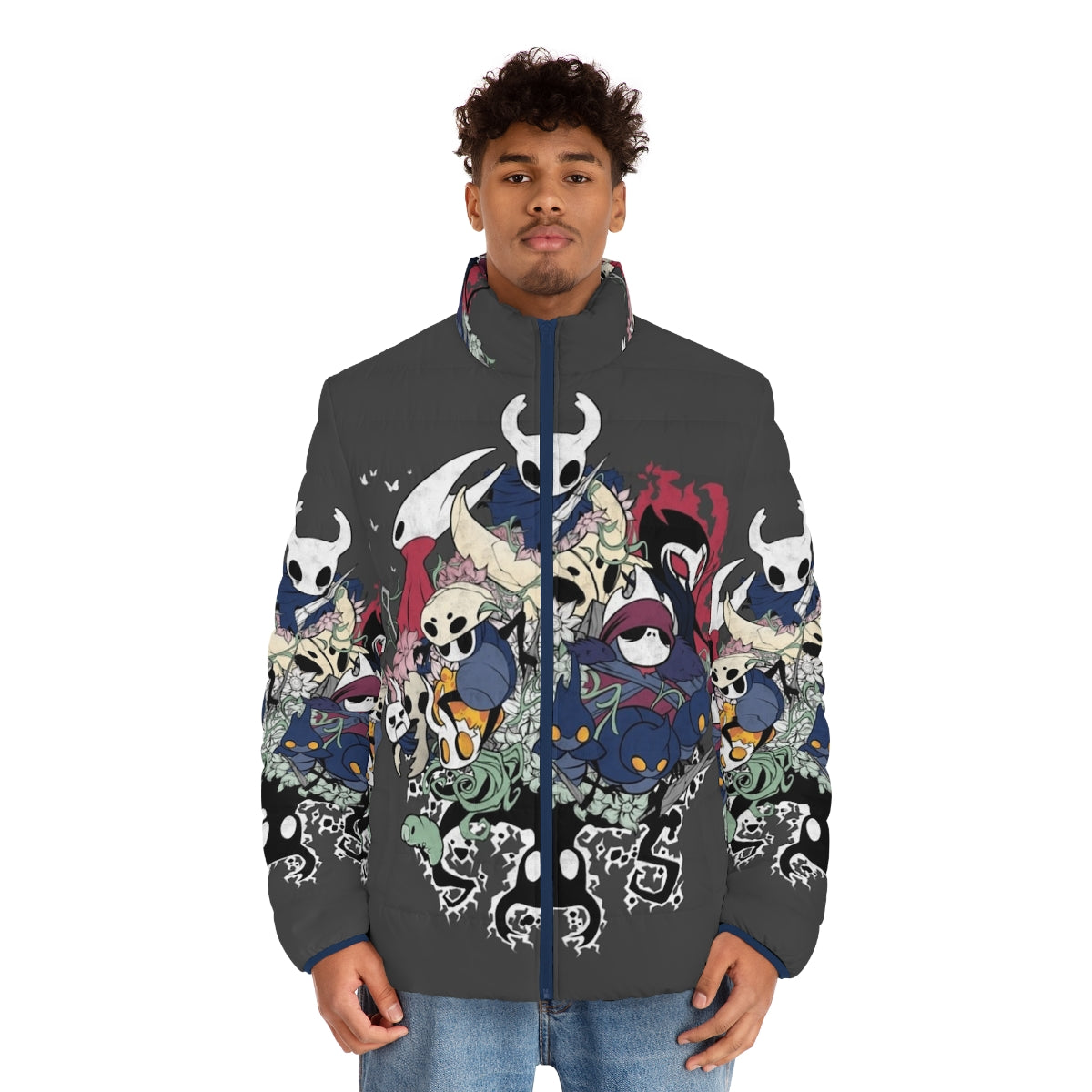 Hollow Knight Crew Neck Puffer Jacket with Hornet and Grimm Designs - men front