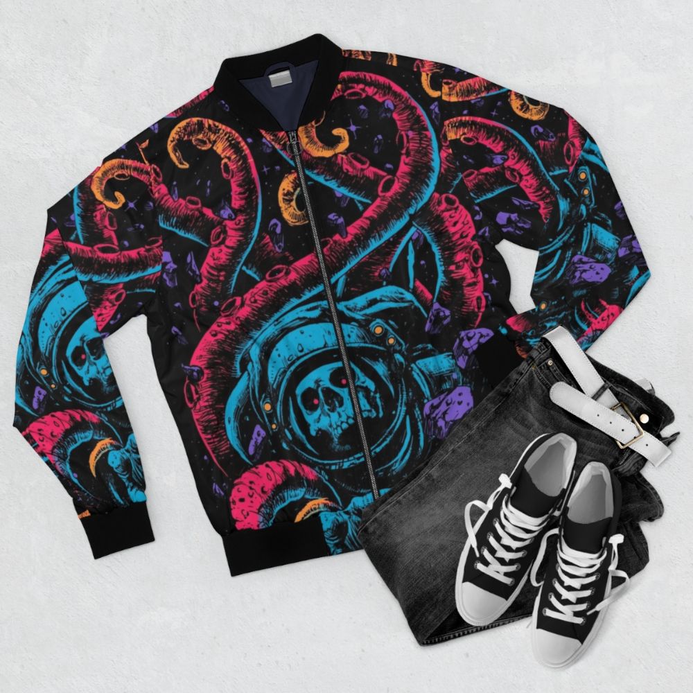 Spooky surrealist bomber jacket with skull and zombie design - Flat lay