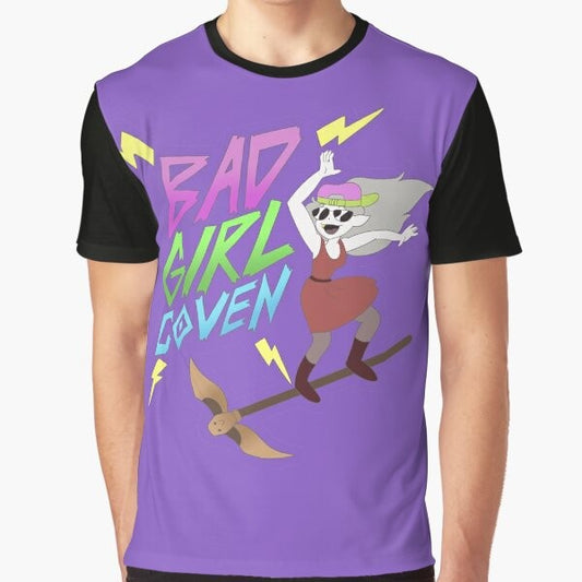 Eda the Owl Lady from The Owl House wearing a purple graphic t-shirt with the "Bad Girl Coven" design.