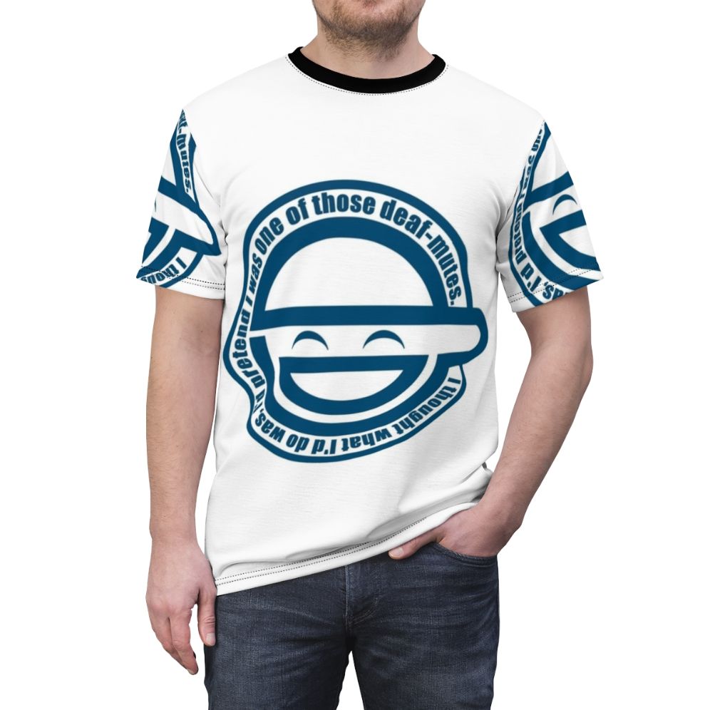 Anime-inspired "Laughing Man" graphic print on a high-quality t-shirt for anime and manga fans. - men front