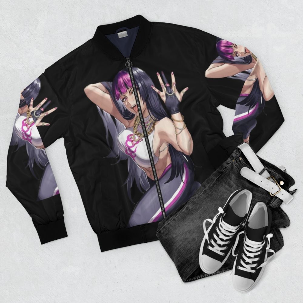 Anime Juri Sexy Hentai 3 Sticker Bomber Jacket - Flat lay