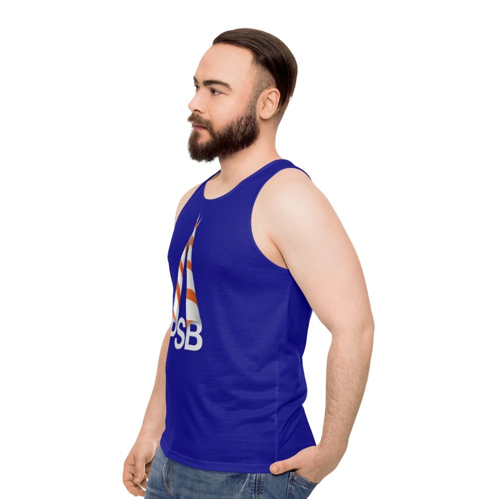 Retro unisex tank top with synth-pop and 1980s style design - men side