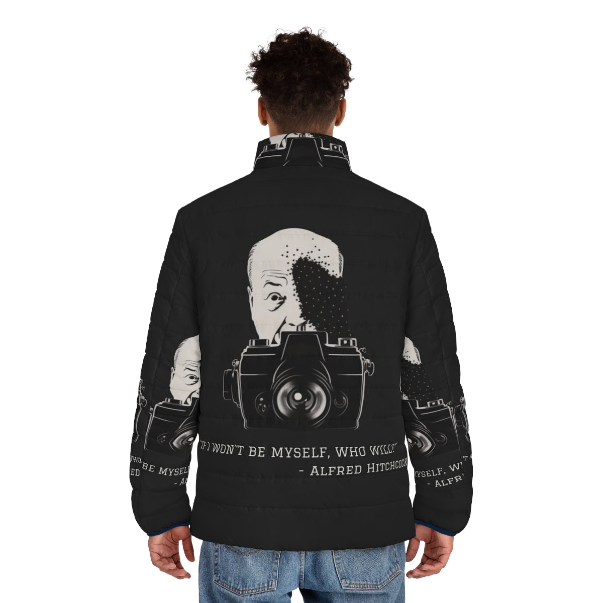 Alfred Hitchcock quote puffer jacket for fans of the iconic director - men back