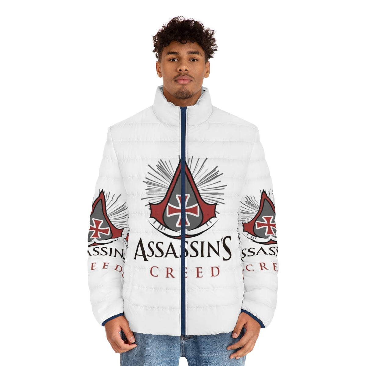 Assassins and Templars Puffer Jacket featuring popular Assassin's Creed video game characters - men front