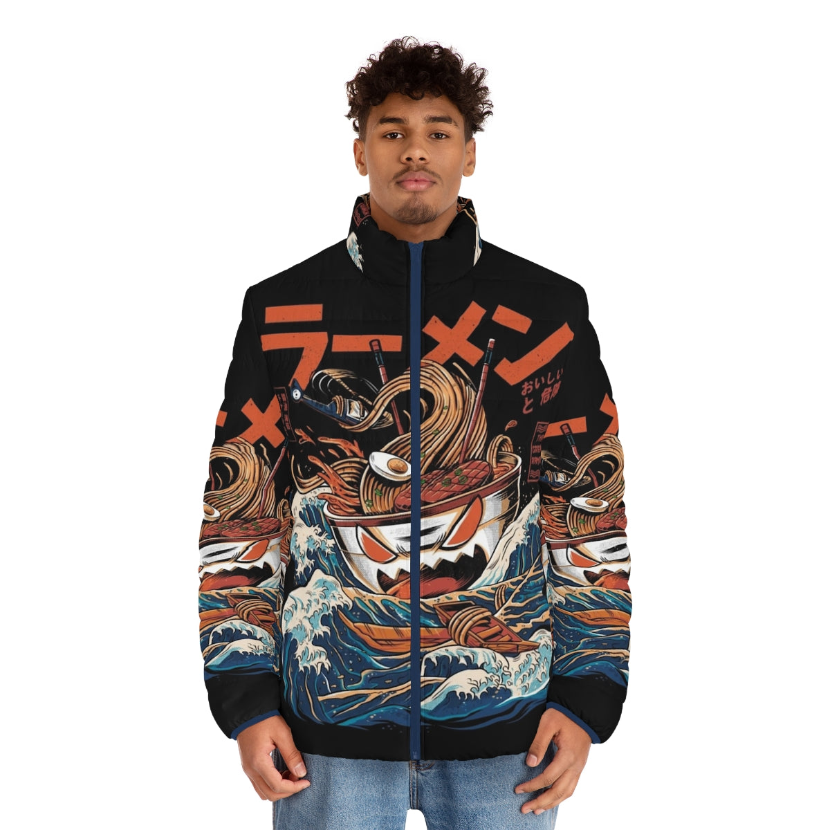 A stylish puffer jacket featuring a retro anime-inspired ramen design - men front