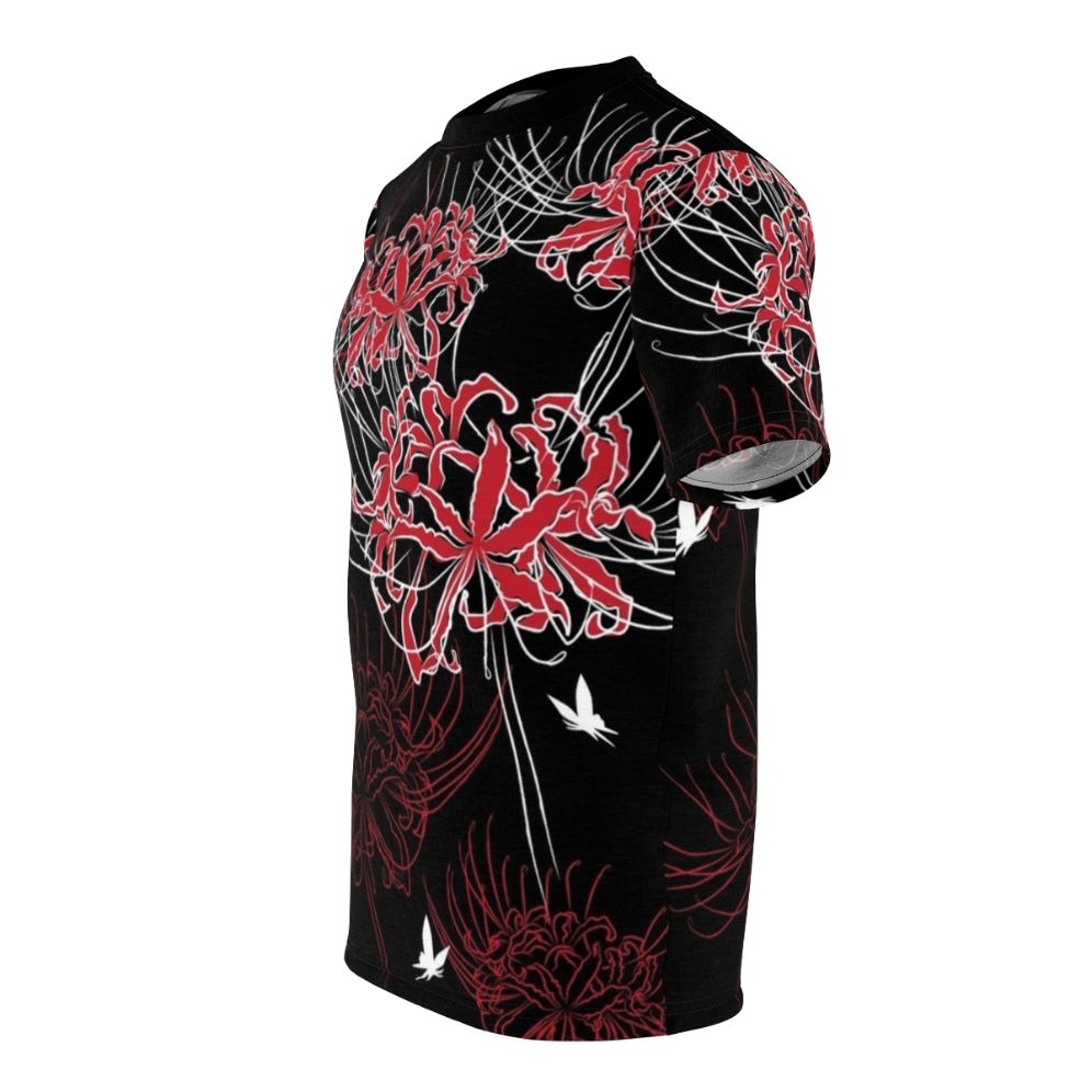 Stylish t-shirt featuring a vibrant spider lily and butterfly design in a Japanese-inspired pattern - men left