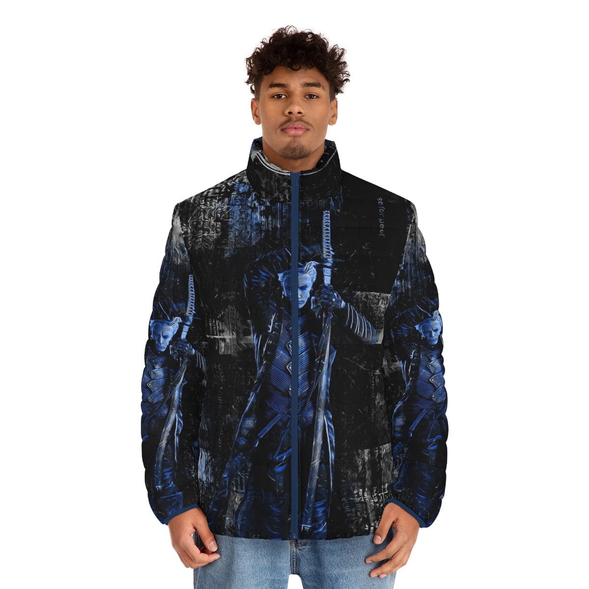 Blue puffer jacket with anime and video game inspired design - men front