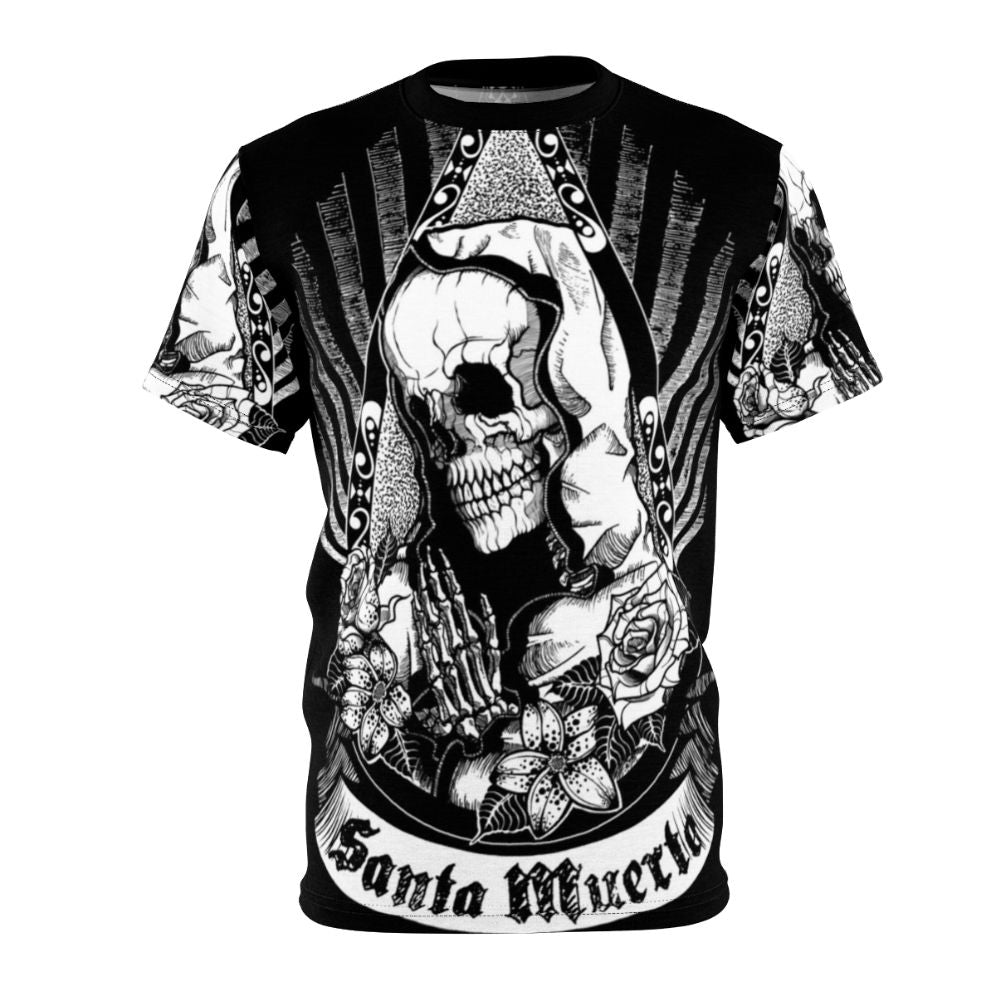 Dark graphic t-shirt with a Santa Muerte design featuring a skull, skeleton flowers, and occult symbols representing Mexican folklore and culture.