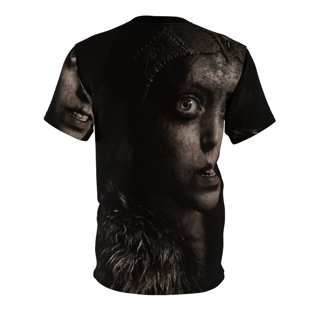 Model wearing a high-quality t-shirt featuring a dark fantasy design inspired by the Hellblade: Senua's Sacrifice video game. - Back