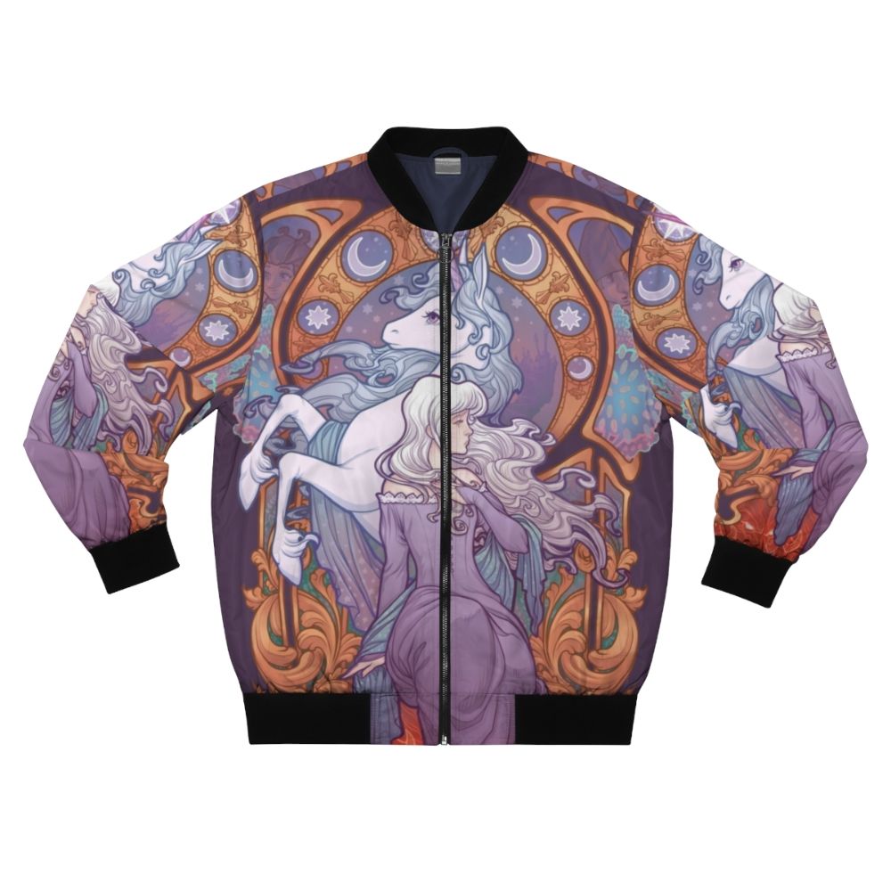 A colorful bomber jacket featuring the character Lady Amalthea from the classic 80s fantasy film "The Last Unicorn".