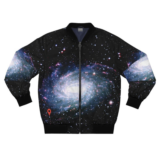 A bomber jacket featuring a galaxy, milky way, and space-inspired design.