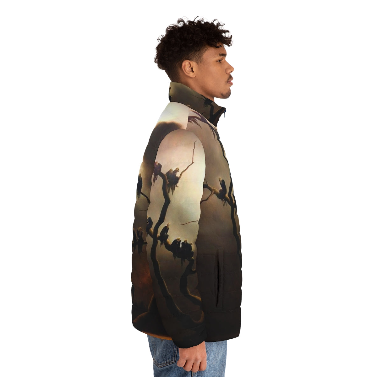 Retro puffer jacket with a surreal, haunting design featuring ghostly figures in a tree - men side right