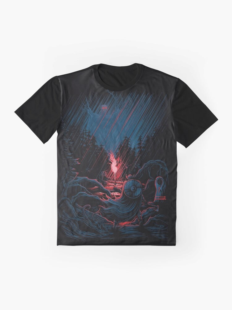 Valheim-inspired fantasy graphic t-shirt featuring a Viking warrior in a forest setting with an axe and shield. - Flat lay