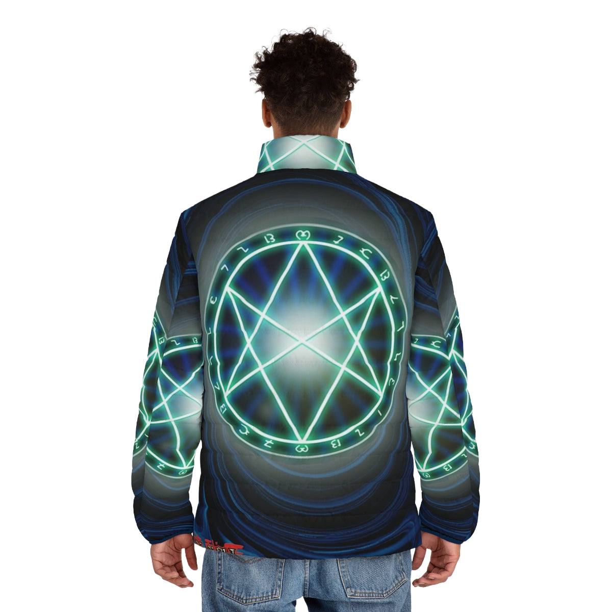 The Seal of Orichalcos puffer jacket, featuring iconic Yu-Gi-Oh! imagery - men back