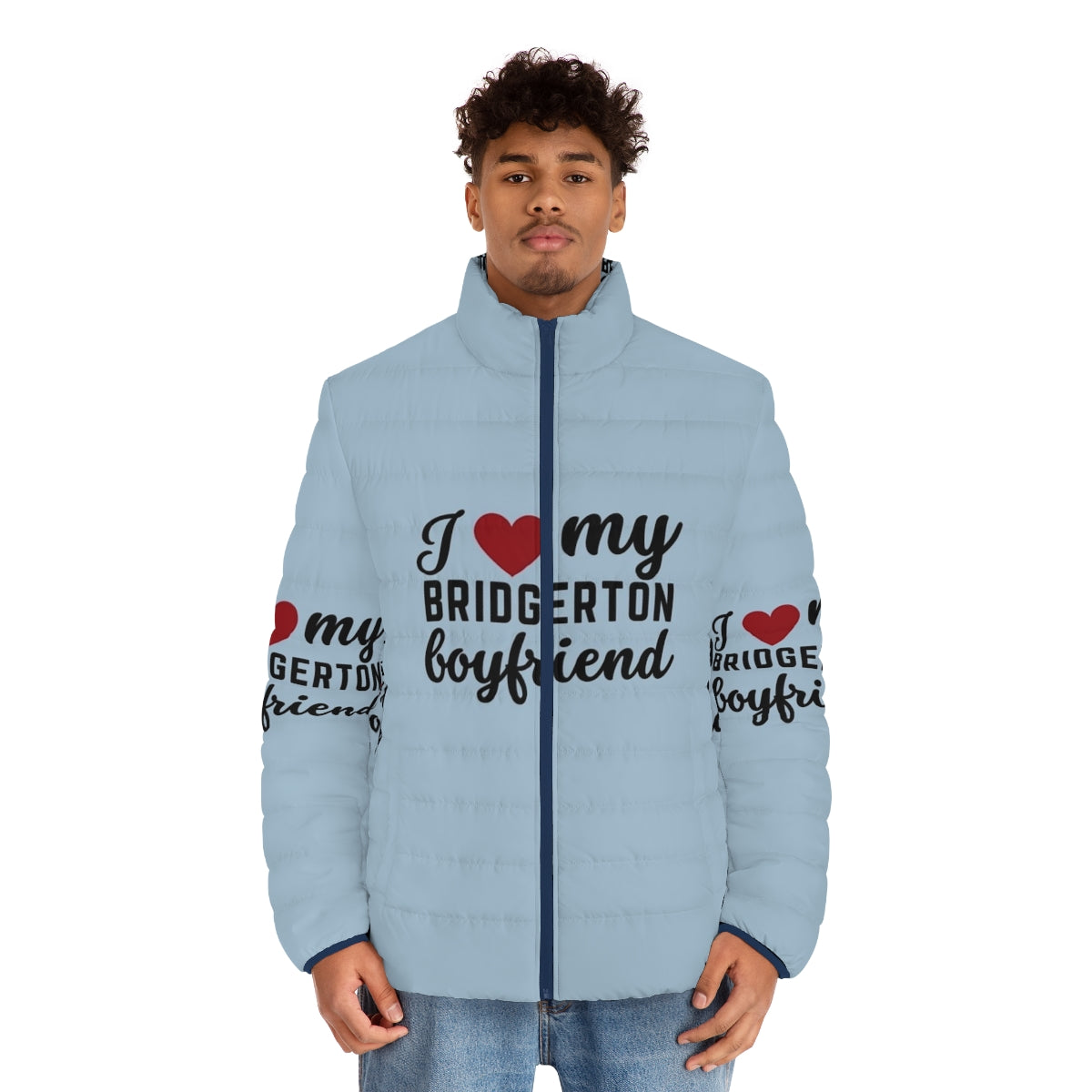 Bridgerton inspired puffer jacket with "I Love My Bridgerton Boyfriend" text - men front