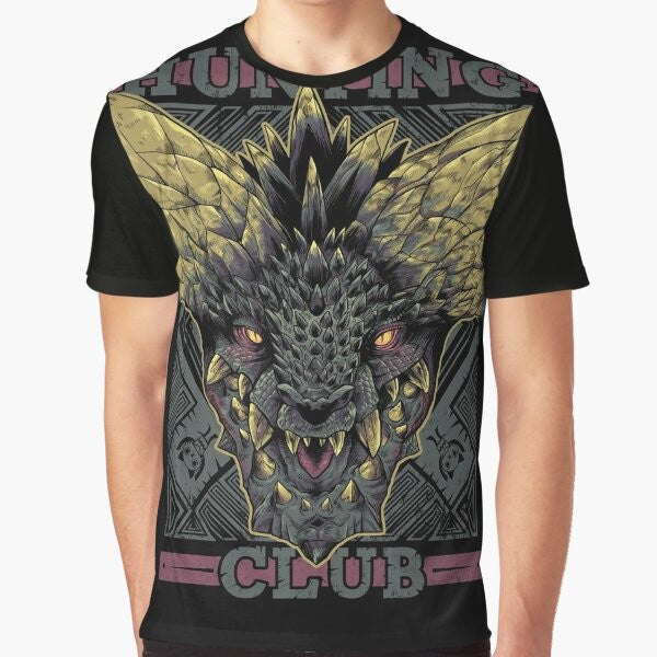 Nergigante, the Elder Dragon from Monster Hunter World, featured on a Hunting Club graphic t-shirt