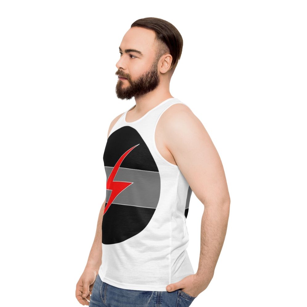 Grey unisex tank top with Throbbing Gristle industrial music band logo - men side