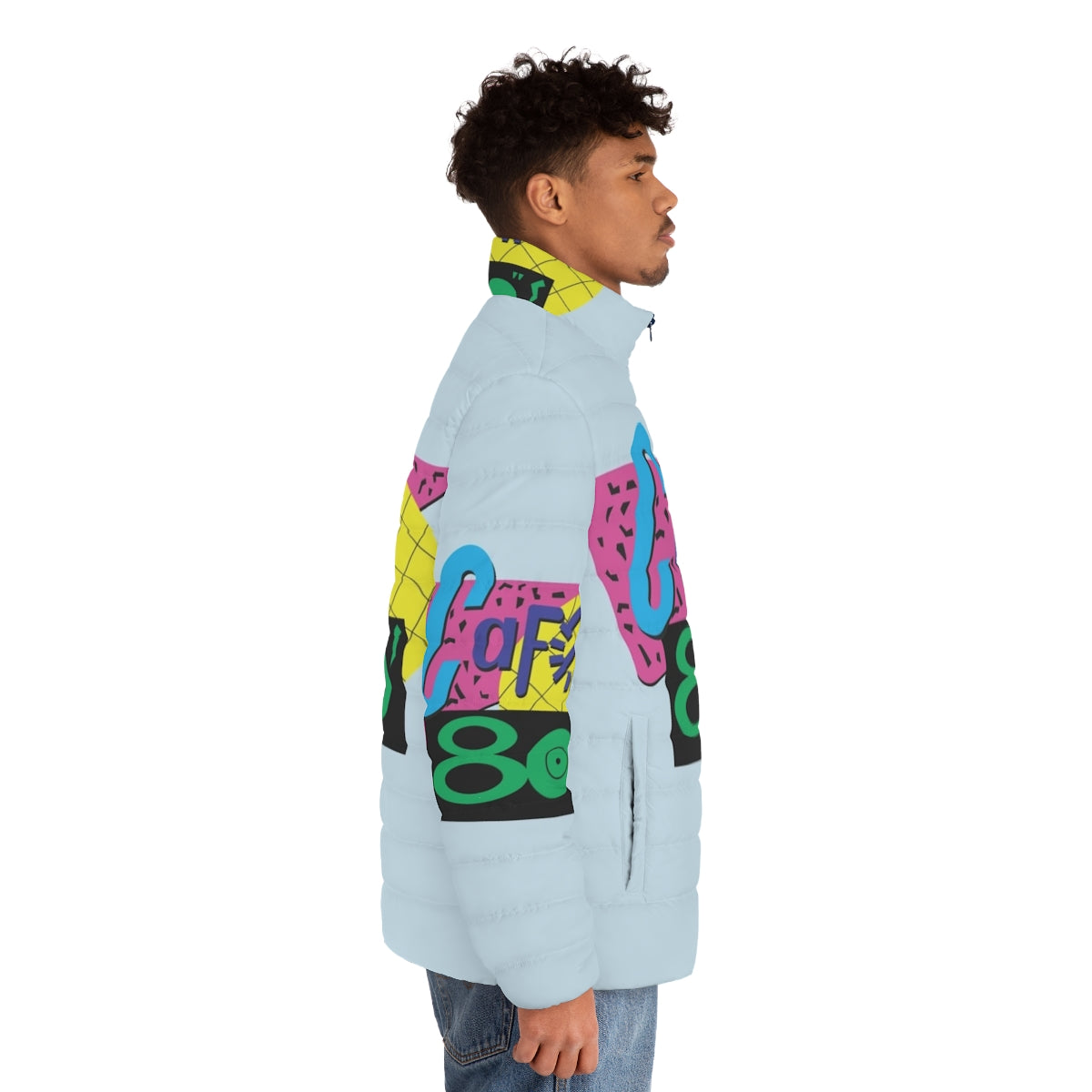 Back to the Future inspired Cafe 80s puffer jacket with retro 80s logo - men side right