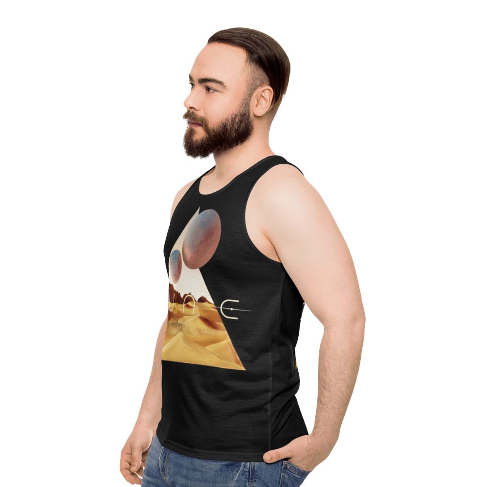 Dune movie inspired unisex tank top with desert and sandworm design - men side