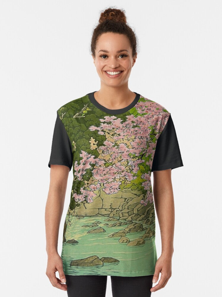 Vintage-inspired nature landscape graphic t-shirt featuring mountains, lake, and river in Japanese art style - Women