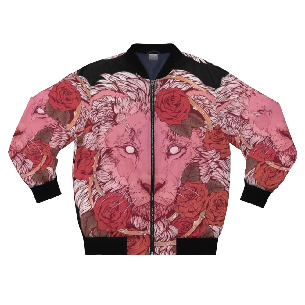 Lion of Roses Bomber Jacket featuring a majestic lion design with roses and glowing eyes