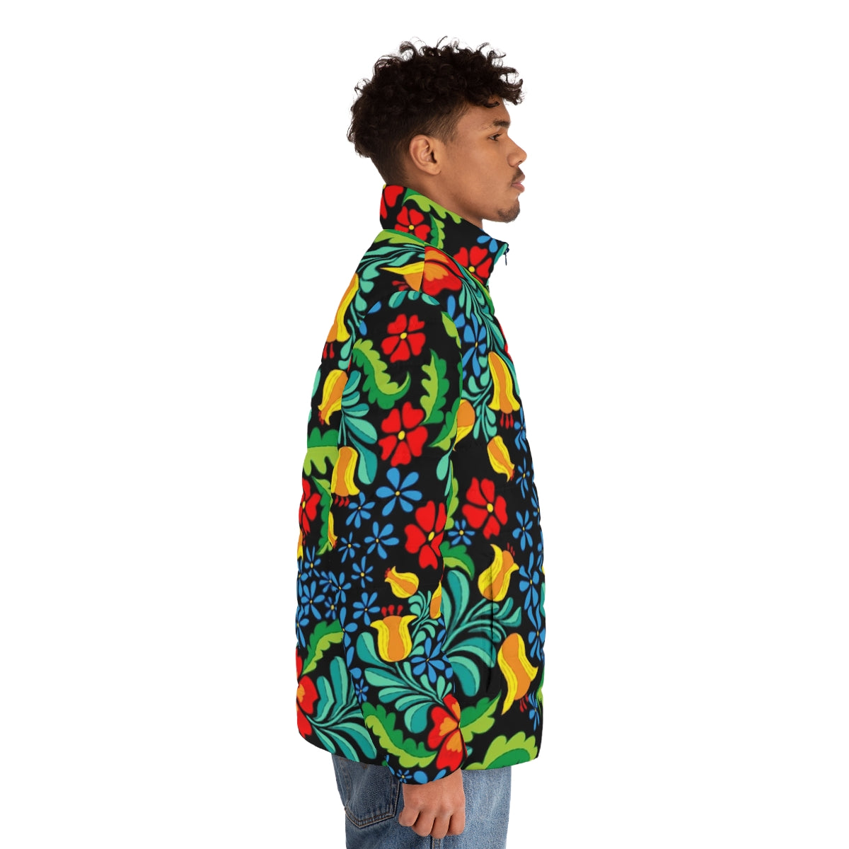 Seamless ethnic pattern in traditional Mexican style on a puffer jacket - men side right