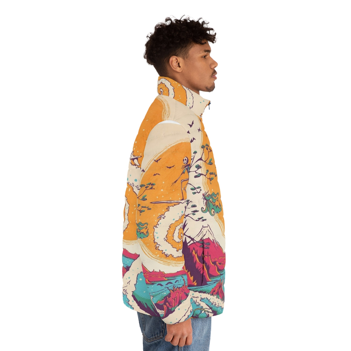 A cozy puffer jacket featuring characters and imagery from Tim Burton's "The Nightmare Before Christmas" with a surfing theme. - men side right