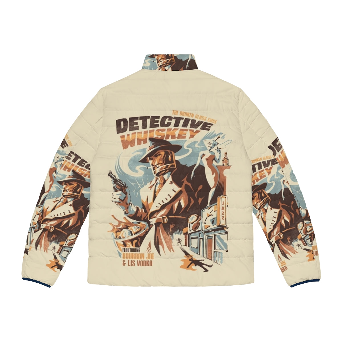 Vintage detective whiskey puffer jacket with retro film noir style - Back