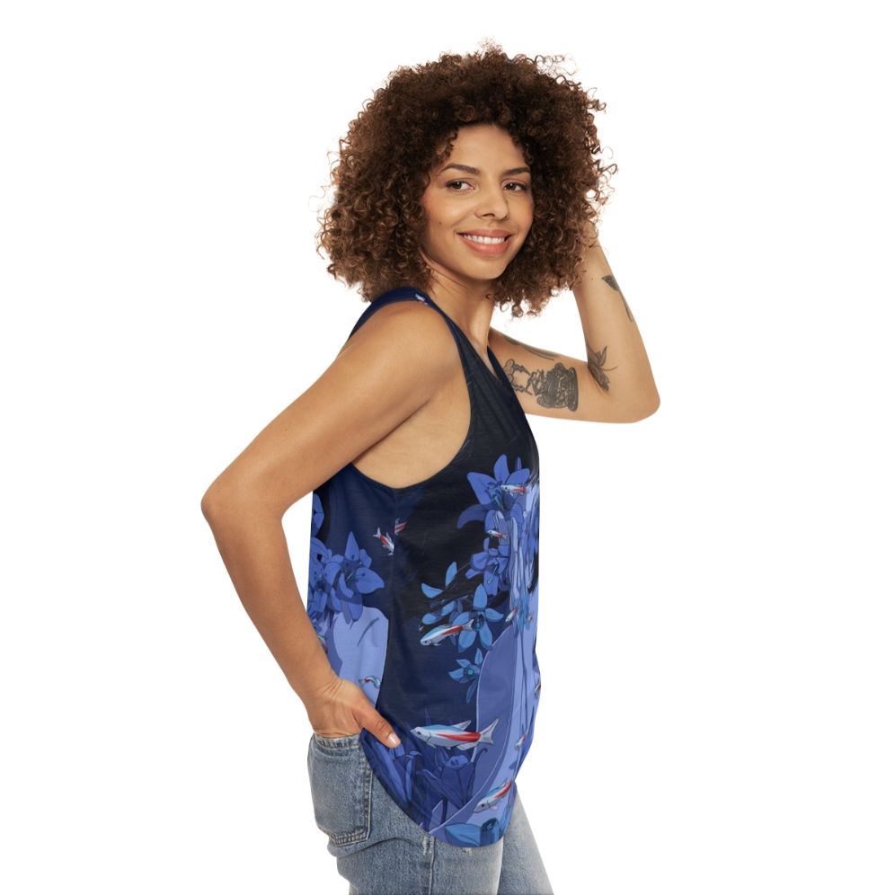 Retro anime-inspired unisex blue tank top - women side