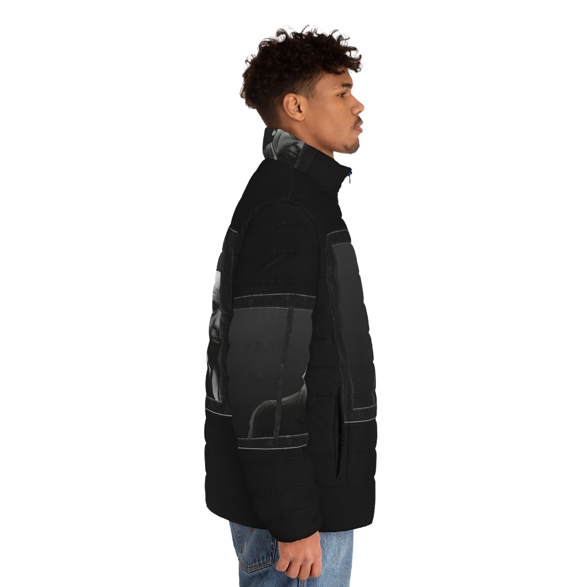 Alfred Hitchcock inspired puffer jacket featuring a graphic black and white design - men side right