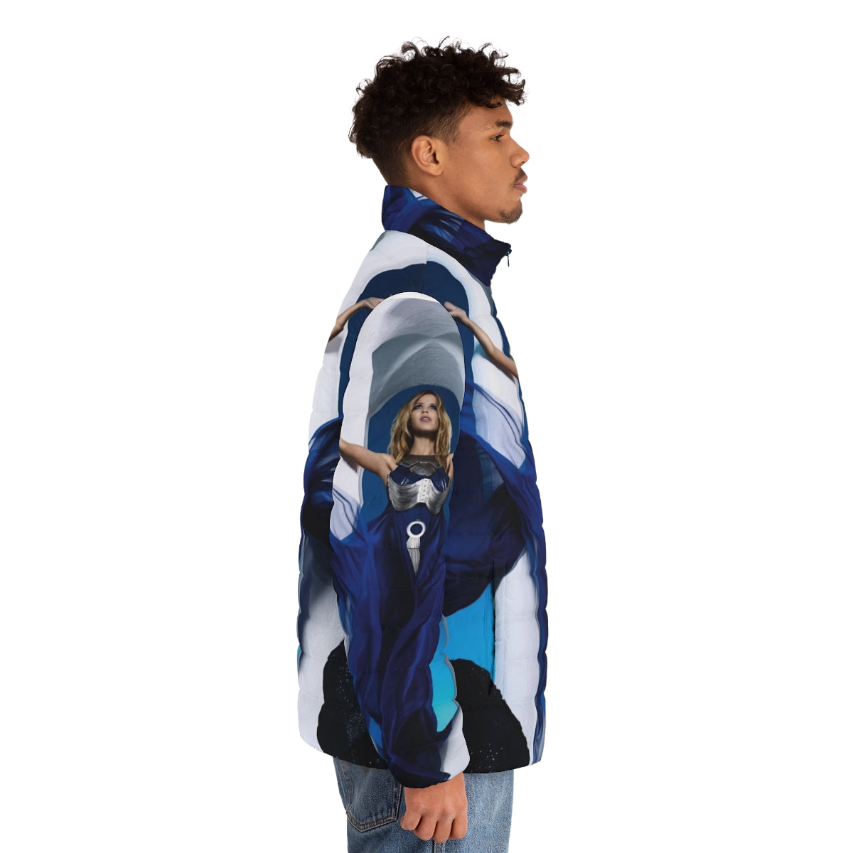 Aphrodite Puffer Jacket featuring a blue and white color scheme, inspired by the Greek goddess of love. - men side right