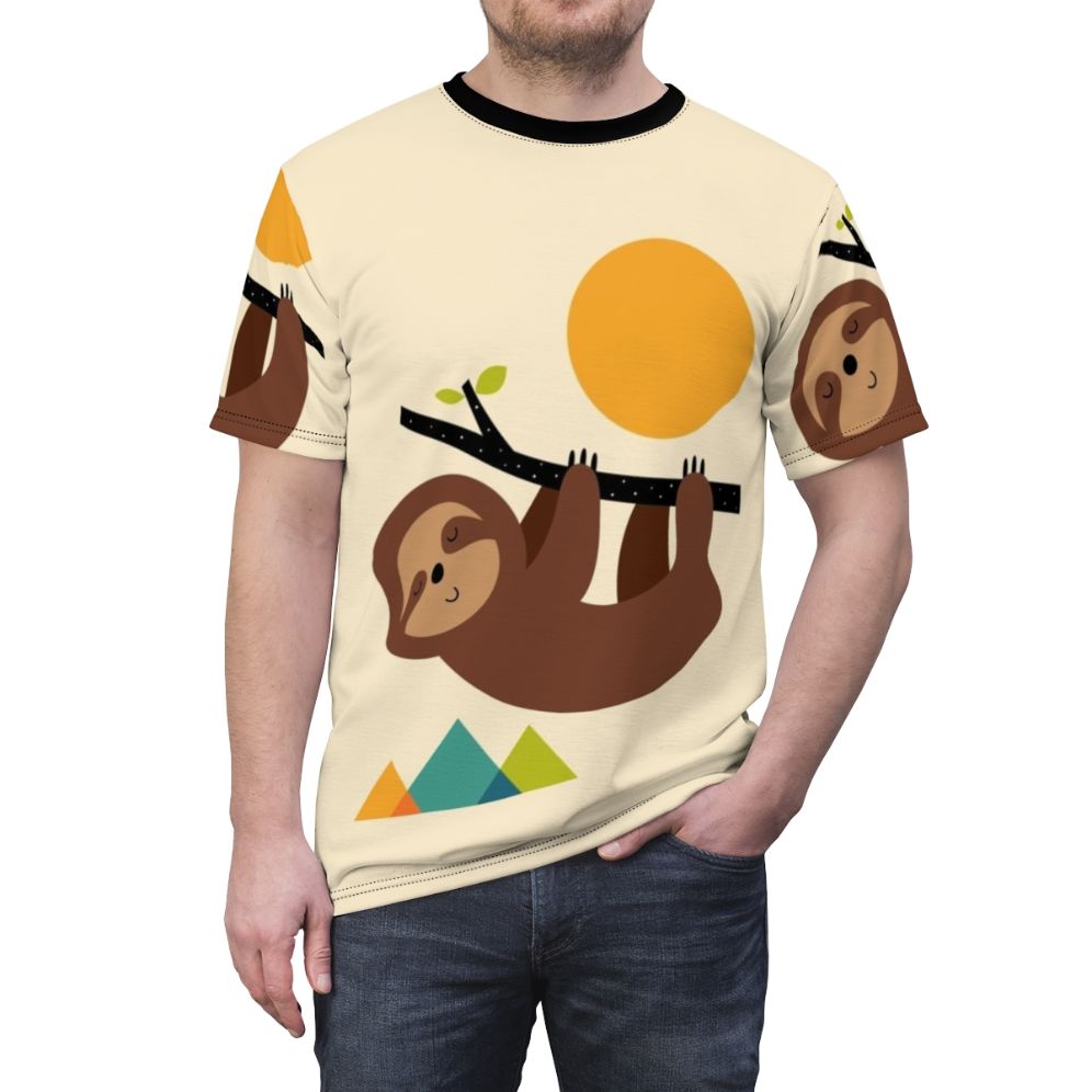 Sloth themed t-shirt with a nature landscape design - men front