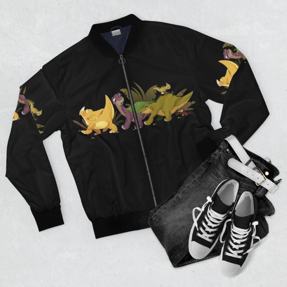 The Land Before Time inspired dinosaur kids bomber jacket - Flat lay