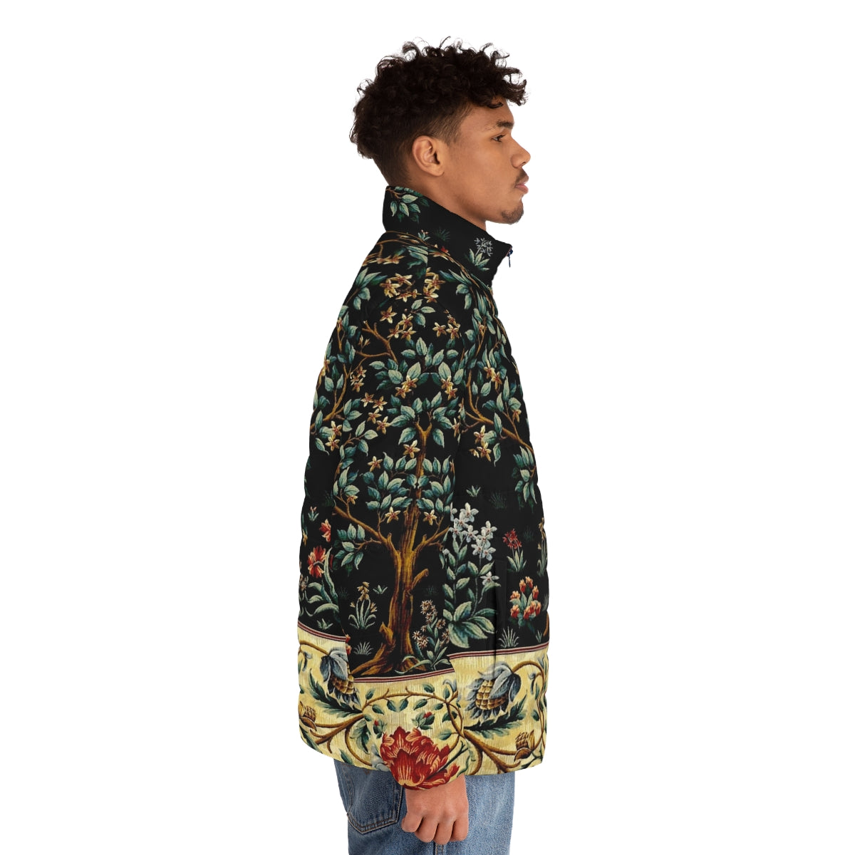 Midnight floral tapestry puffer jacket with enchanted, magical design - men side right