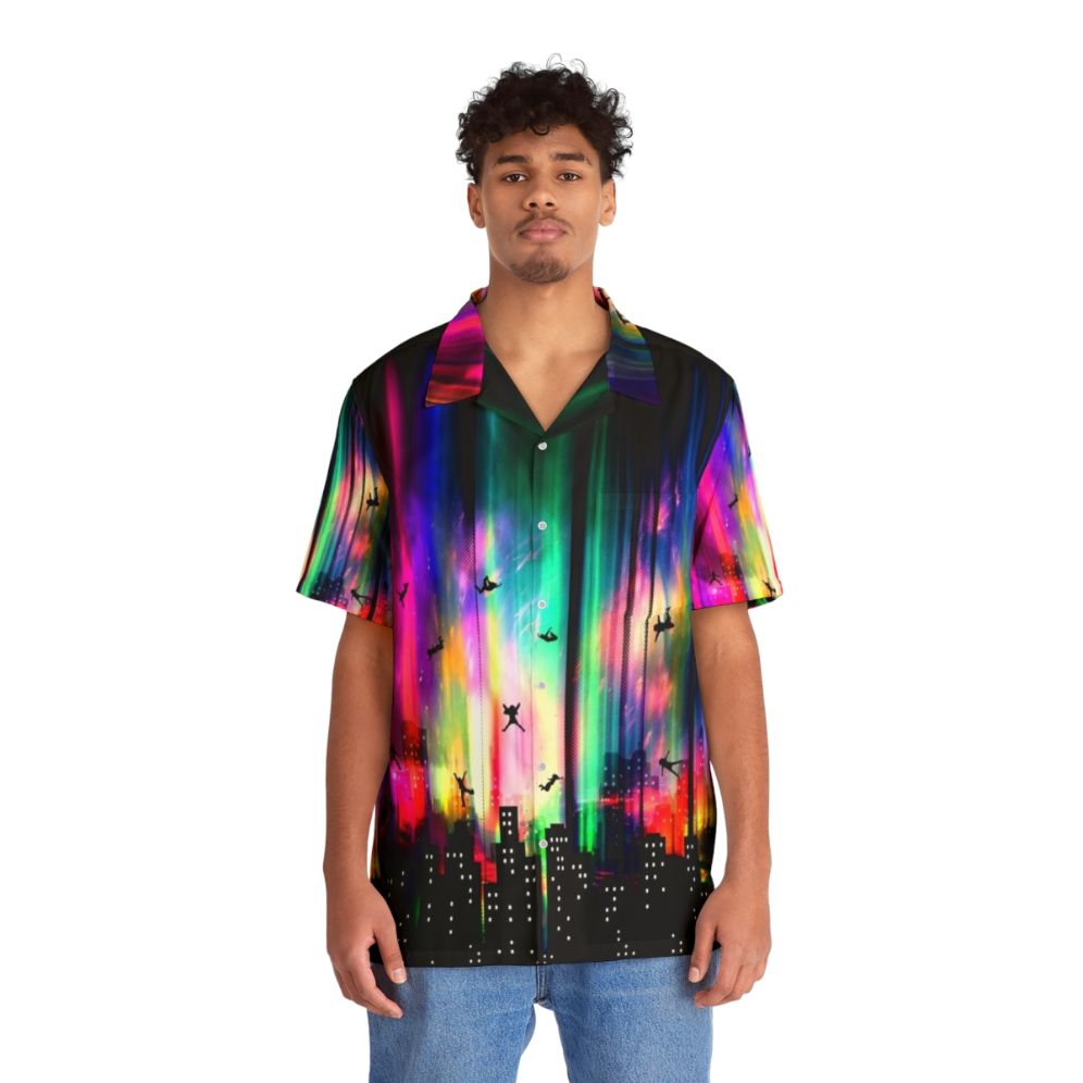 Neon Hawaiian Shirt with Vibrant Urban Skyline and Alien Influences - People Front