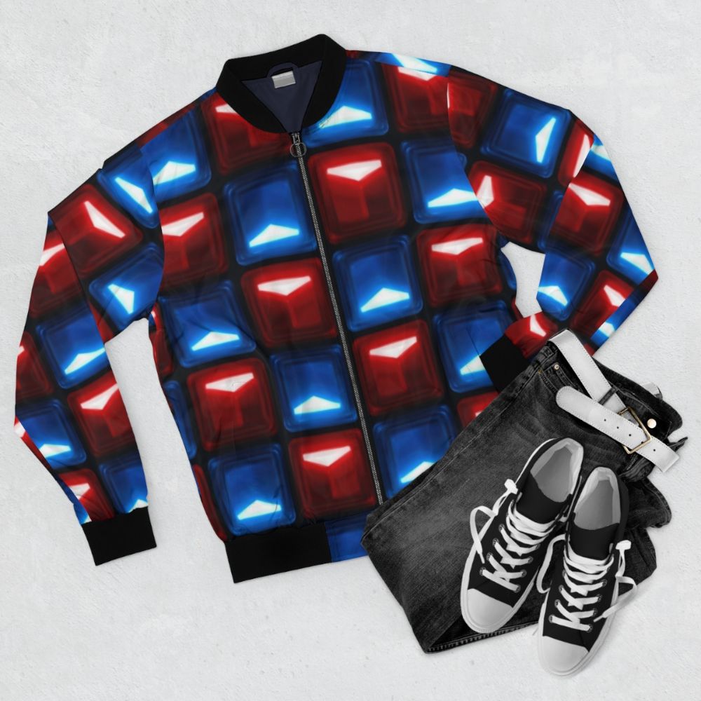 Beat Saber Bomber Jacket featuring a custom V2 block pattern design for fans of the popular virtual reality rhythm game. - Flat lay