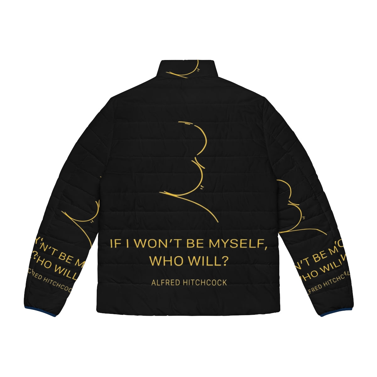 Alfred Hitchcock quote puffer jacket with black and gold design - Back