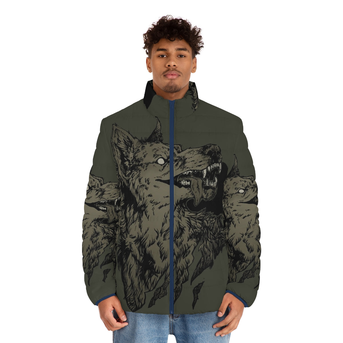 Black puffer jacket with werewolf design, featuring a full moon and howling wolf - men front