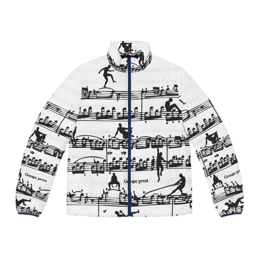 Illustration of Wolfgang Amadeus Mozart on a stylish men's puffer jacket