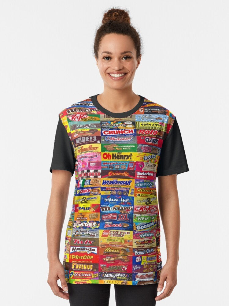 Colorful graphic t-shirt featuring various candy wrappers and packaging designs - Women