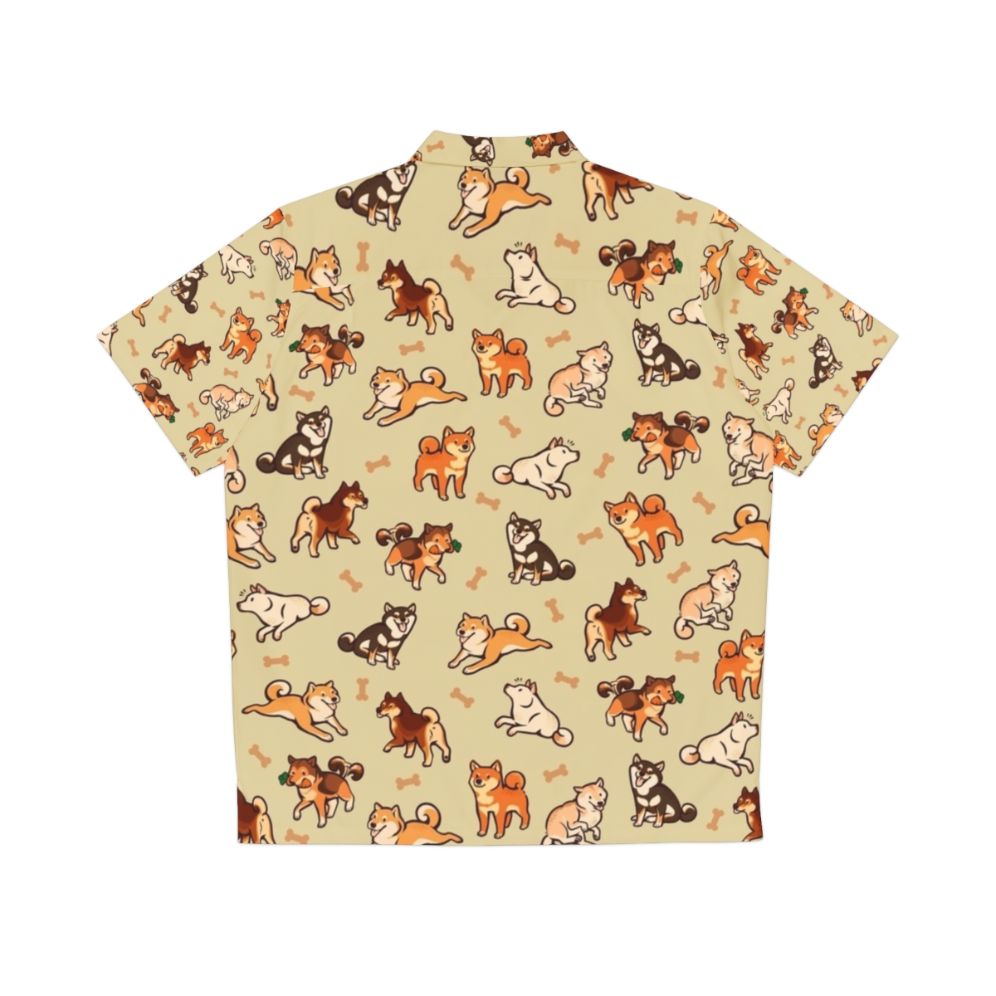 Shiba Inu dog wearing a colorful Hawaiian shirt with a yellow pattern - Back