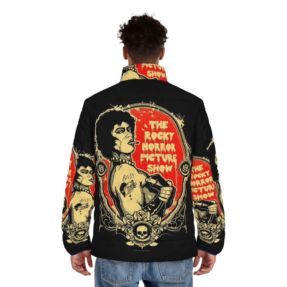 Rocky Horror Picture Show themed puffer jacket with bold graphic design - men back