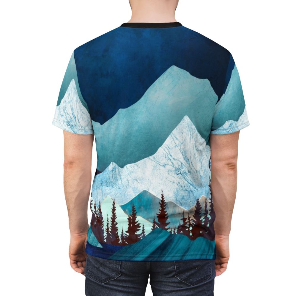 Serene and ethereal moon bay landscape on an all-over printed t-shirt - men back