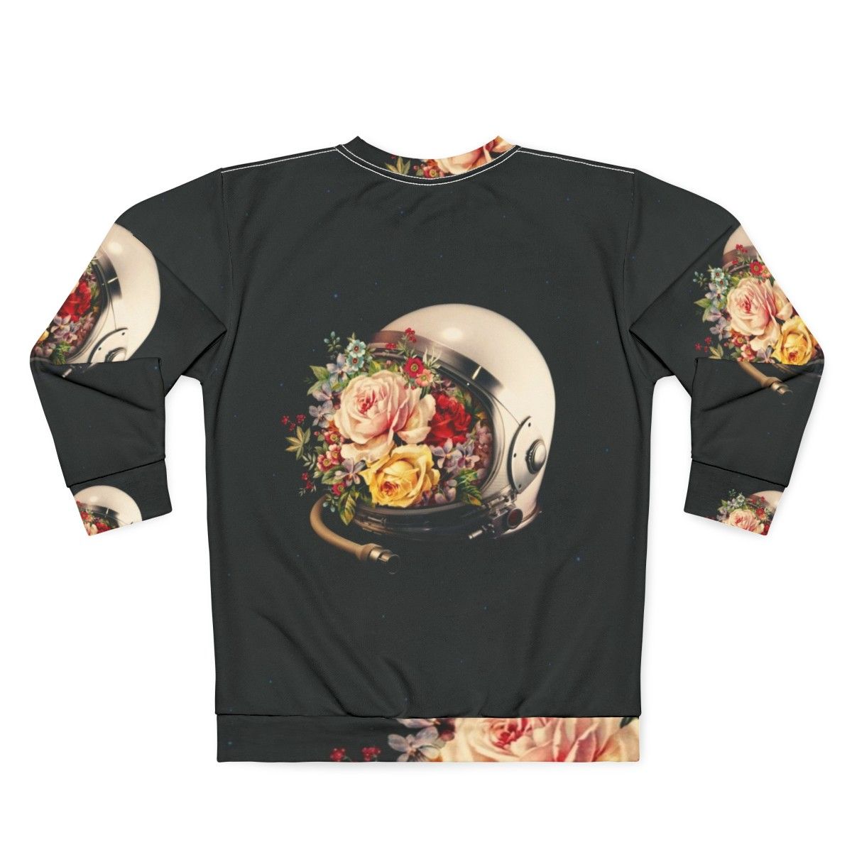 Celestial Bloom Astronaut Sweatshirt featuring a surreal collage of an astronaut, stars, and flowers - Back