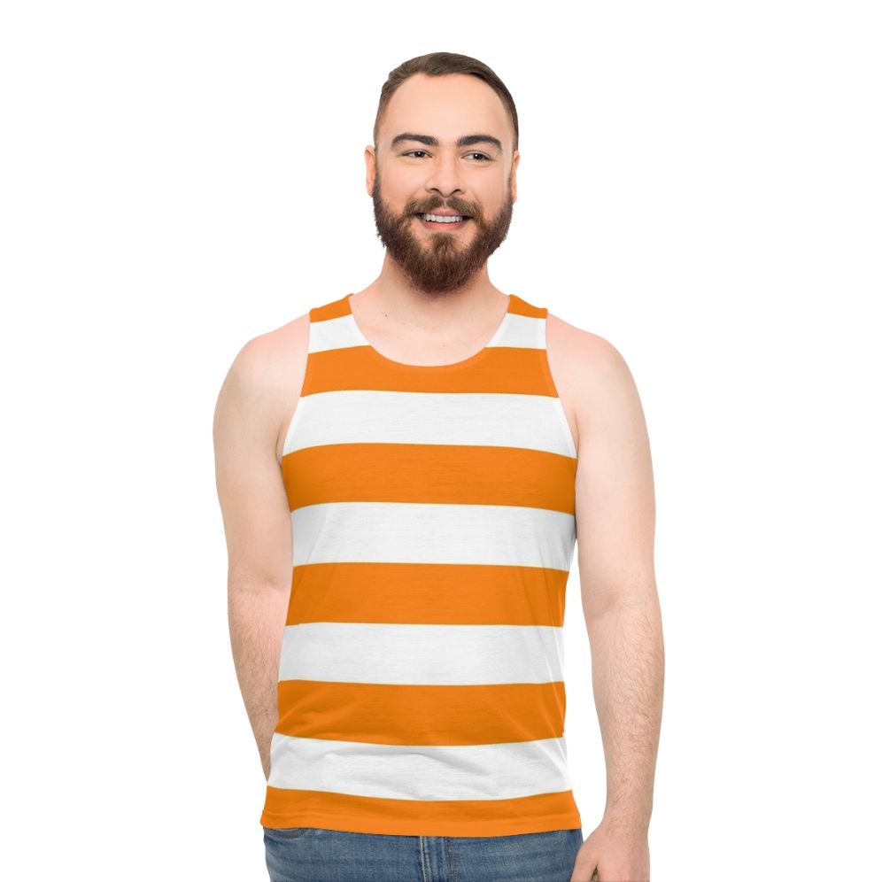 Orange and white horizontal striped unisex tank top - men