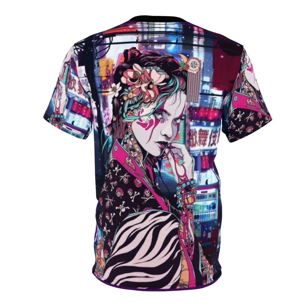 Vibrant t-shirt design featuring a captivating geisha character set against the backdrop of the Tokyo cityscape - Back